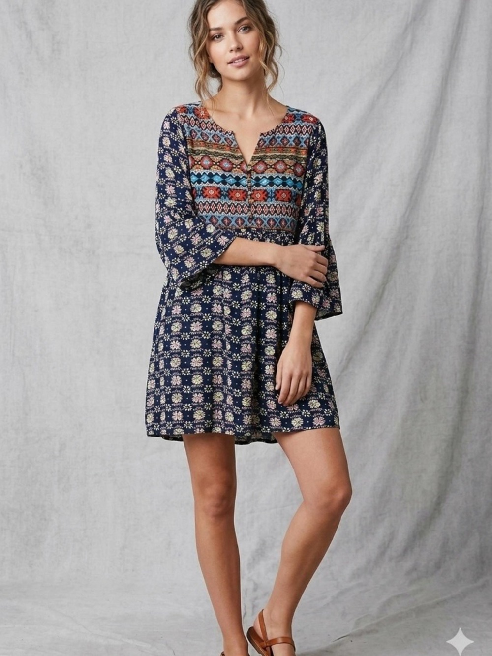 UMGEE Boho Tribal Aztec Babydoll Tunic Dress Blue Women’s Large